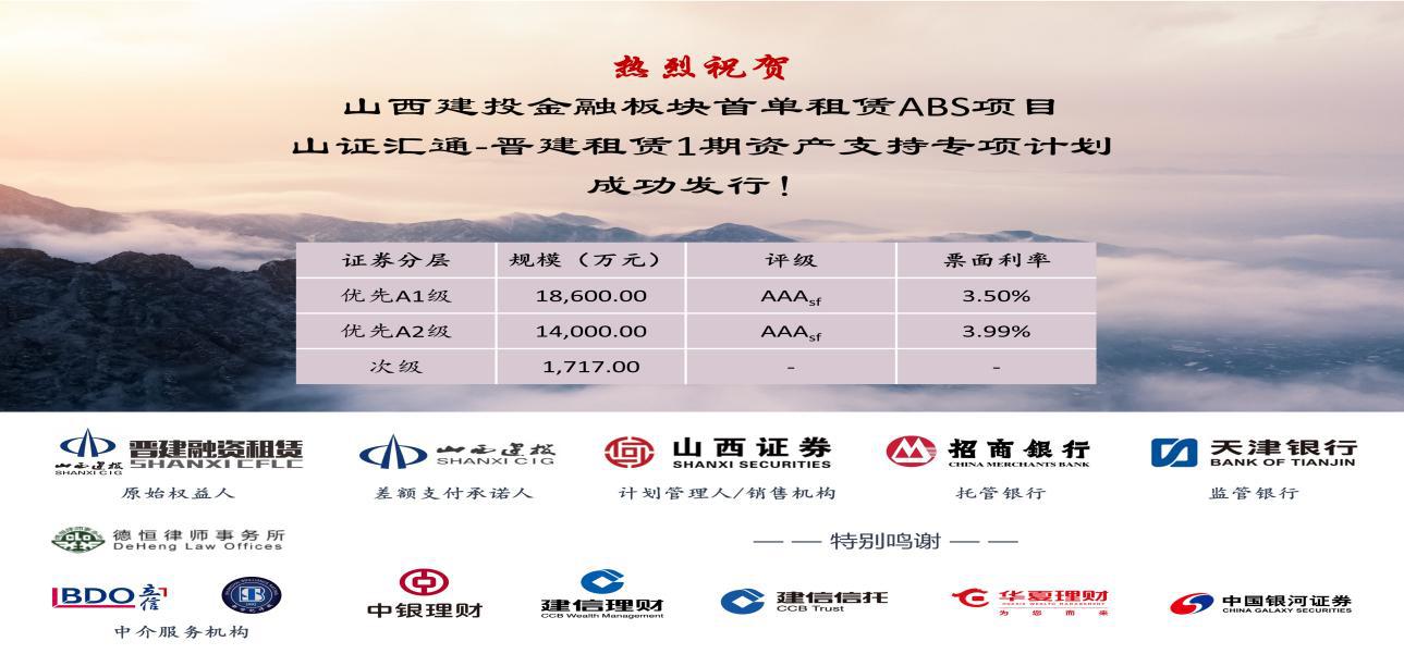 山西建投晉建國際融資 租賃公司“山證匯通－晉建租賃1期資產(chǎn)支持專項(xiàng)計(jì)劃”成功發(fā)行