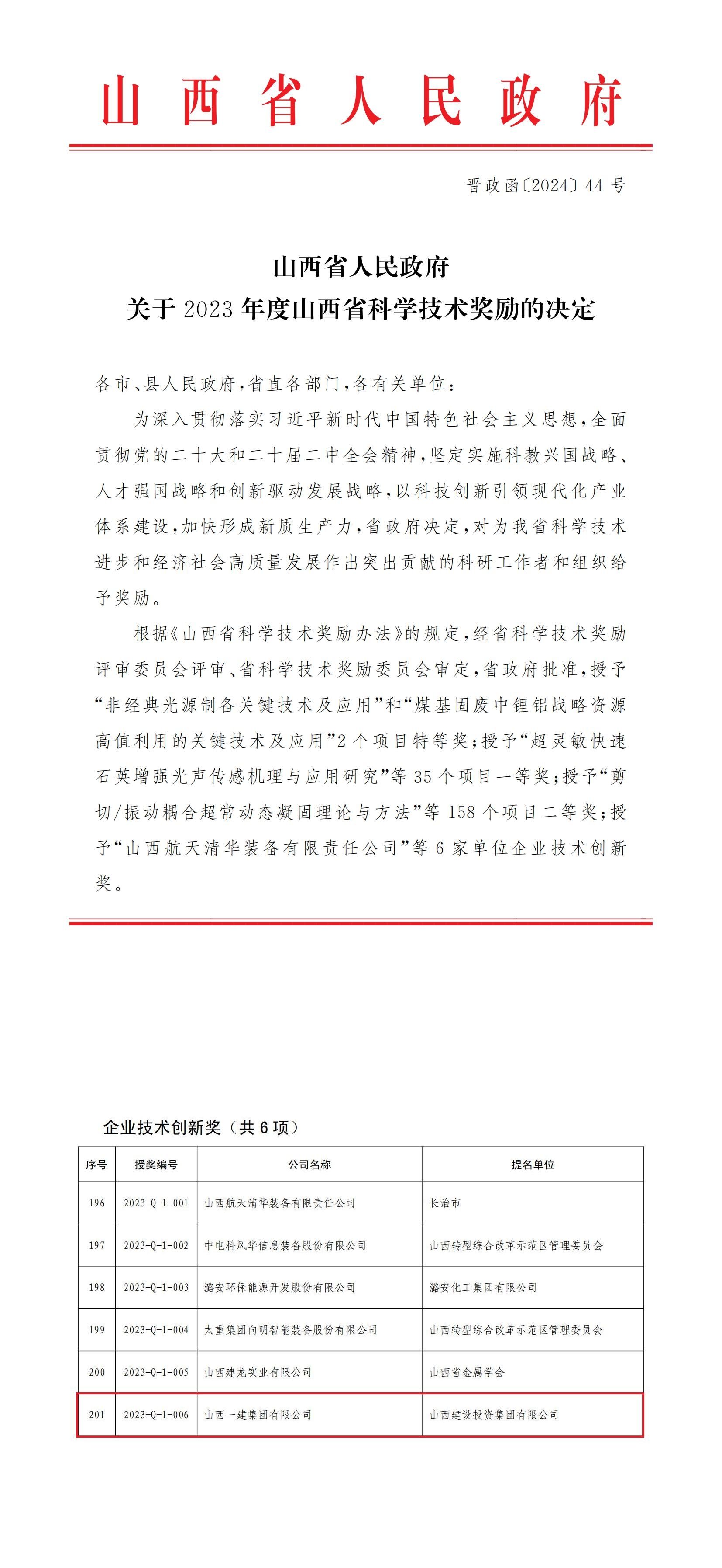 山西建投一建集團(tuán)榮獲2023年度山西省“企業(yè)技術(shù)創(chuàng)新獎”